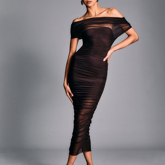 New SER.O.YA Noel Off Shoulder Mesh Midi Dress in Ash Brown bodycon ruched - Picture 1 of 7